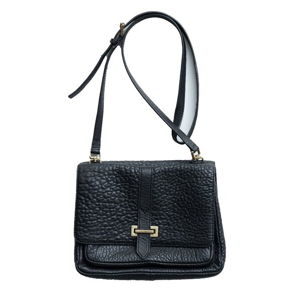 Fossil Black Leather Cross Body Purse Pebble Brass Academia Minimal Foldover Bag - Picture 1 of 12